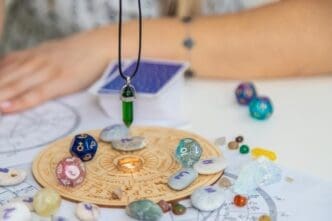 A woman, likely a numerologist or astrologer, counts numbers, with a selective focus on her hands and the numbers.