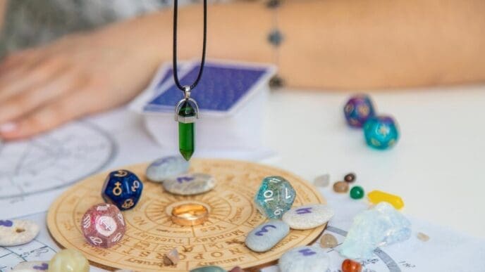 A woman, likely a numerologist or astrologer, counts numbers, with a selective focus on her hands and the numbers.