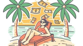 A woman relaxes on a tropical beach, with money icons floating in the air.