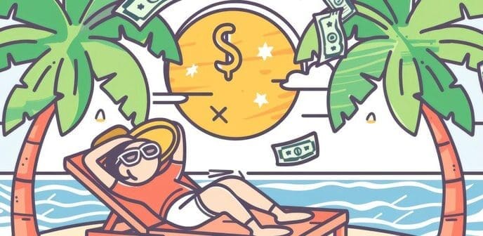 A woman relaxes on a tropical beach surrounded by floating money icons.