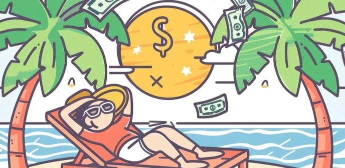 A woman relaxes on a tropical beach, with money icons floating around her.