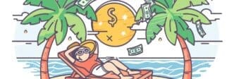 A woman relaxes on a tropical beach, surrounded by money icons.
