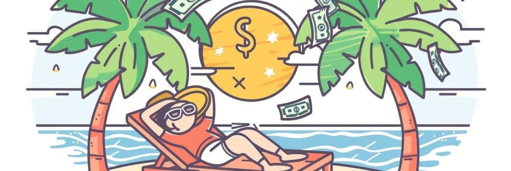 A woman relaxes on a tropical beach, surrounded by money icons.