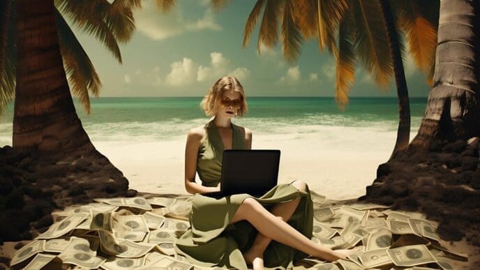 A woman sits on a beach with a laptop open in front of her.