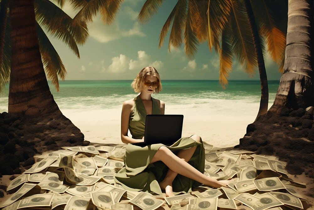 A woman sits on a beach with a laptop open in front of her.