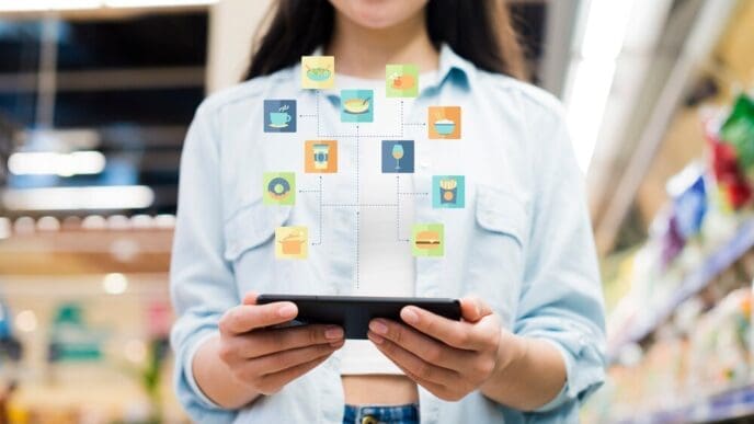 A woman uses a smartphone while standing in a grocery store.