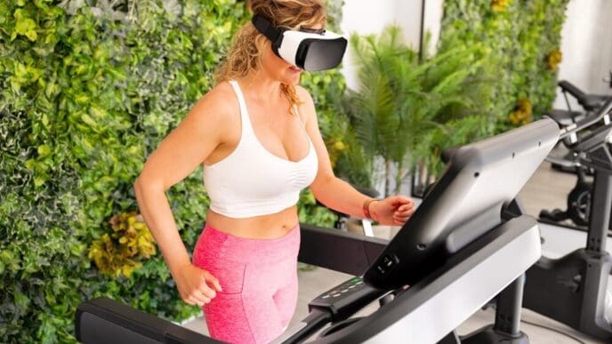 A woman wearing a VR headset runs on a treadmill in a gym.
