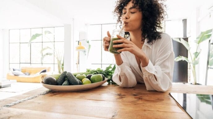 Young Black woman in a loft apartment drinks green juice from a bamboo straw, promoting a healthy lifestyle.