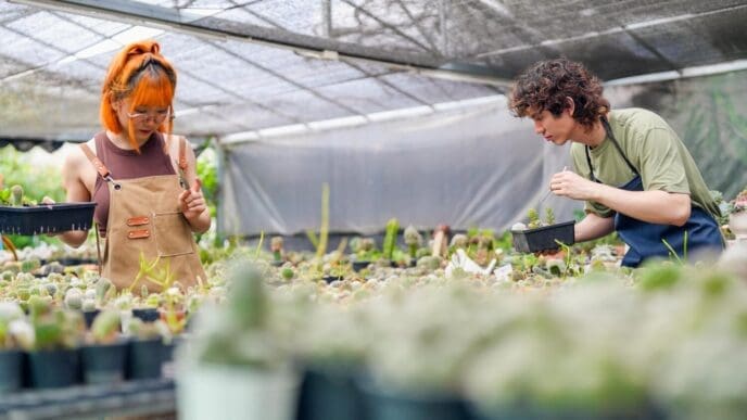 Young Asian men and women of Gen Z tend to a small, eco-friendly cactus farm.
