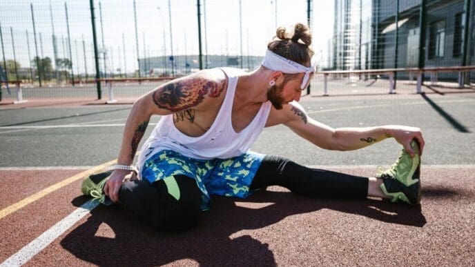 A young man in athletic wear stretches on a playground on a sunny day.