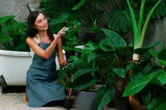 A young woman tends to a large tropical plant in a minimalist garden setting.