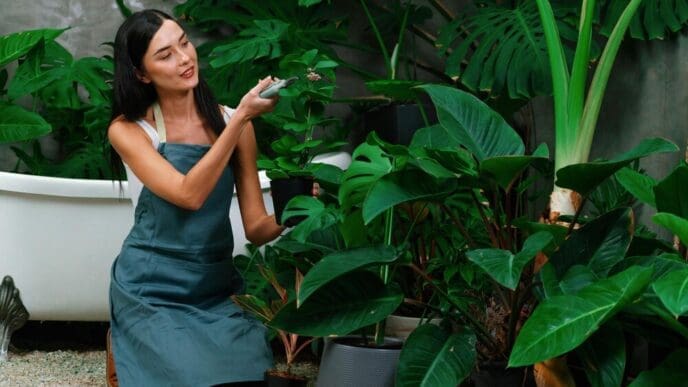A young woman tends to a large tropical plant in a minimalist garden setting.