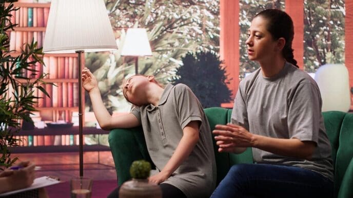 A young girl appears distressed, possibly experiencing derealization and dissociation.