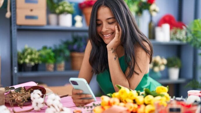 Young Hispanic woman, a florist, smiles confidently while using a smartphone in her flower shop.