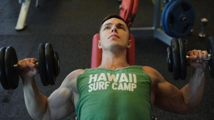 A young man lifts dumbbells while working out at a gym.