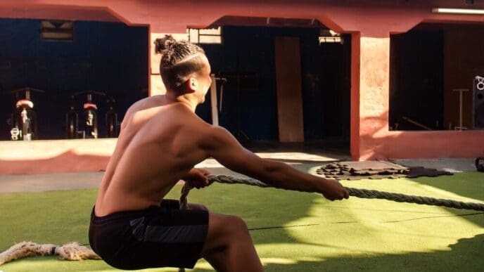 Young, shirtless man with defined muscles stretches a rope in an outdoor gym.