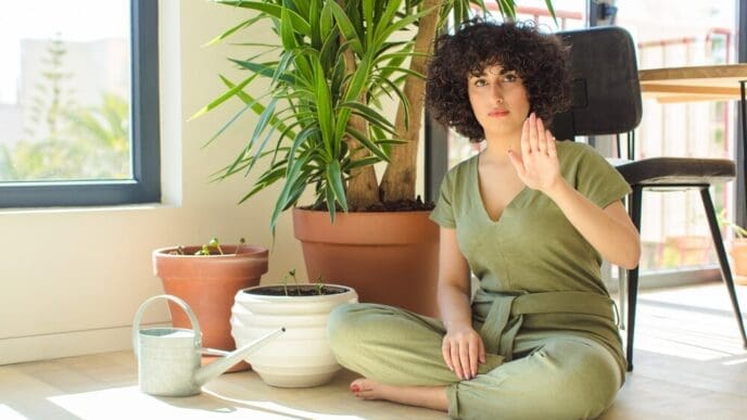 A young Arab woman waters plants with a watering can inside a home.