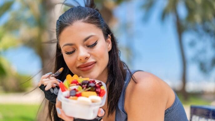 A young woman smiles while holding a bowl of fruit outside.