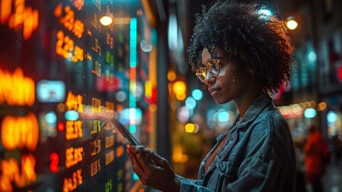 A young woman in a city at night looks at financial data on a tablet.