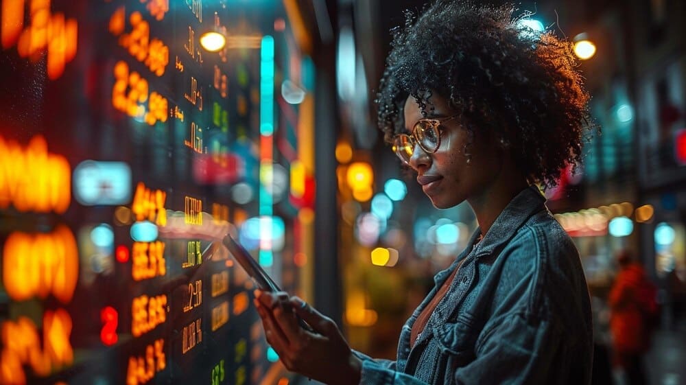 A young woman in a city at night looks at financial data on a tablet.