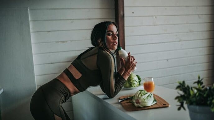 A young woman sits at a table against a wall.