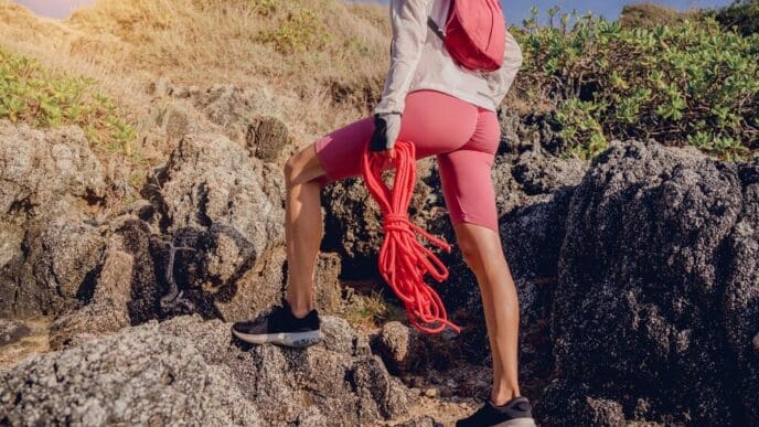 A young woman climbs a rope up a mountain, with the ocean visible in the background.
