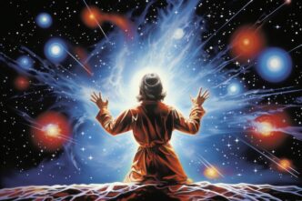 Airbrushed artwork from the 1970s depicts a vibrant Milky Way galaxy against a dark night sky.