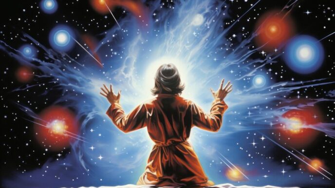 Airbrushed artwork from the 1970s depicts a vibrant Milky Way galaxy against a dark night sky.