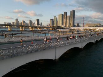 Runners fill the streets of downtown Miami during an aerial view of the 2023 Miami Marathon