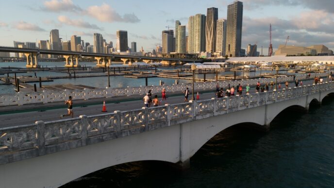 Runners fill the streets of downtown Miami during an aerial view of the 2023 Miami Marathon