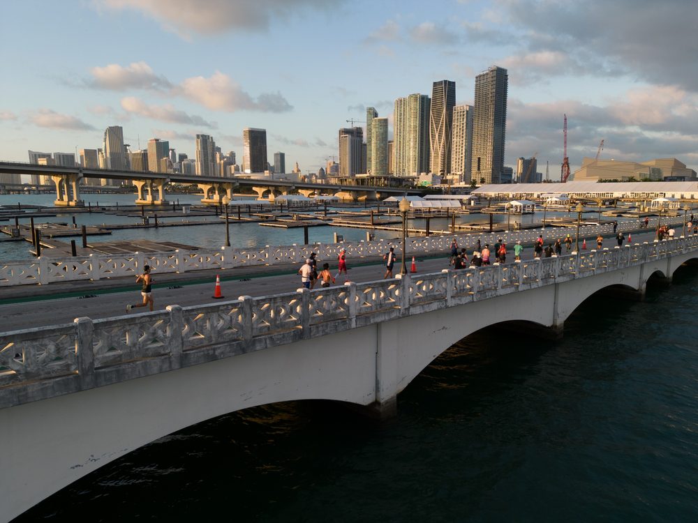 Runners fill the streets of downtown Miami during an aerial view of the 2023 Miami Marathon