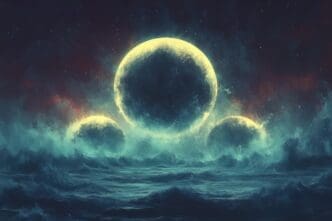 Minimalist poster art depicts three black holes against a dark background.