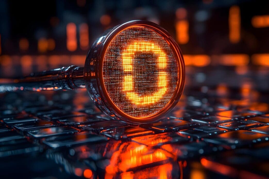 3D illustration of a magnifying glass hovering over a keyboard, representing technology analysis.