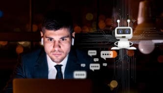Man with earbuds looking at laptop, with AI bot and chat bubbles overlay
