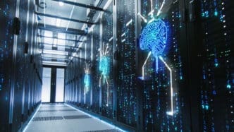 A server room with glowing blue AI brain icons and falling digital code