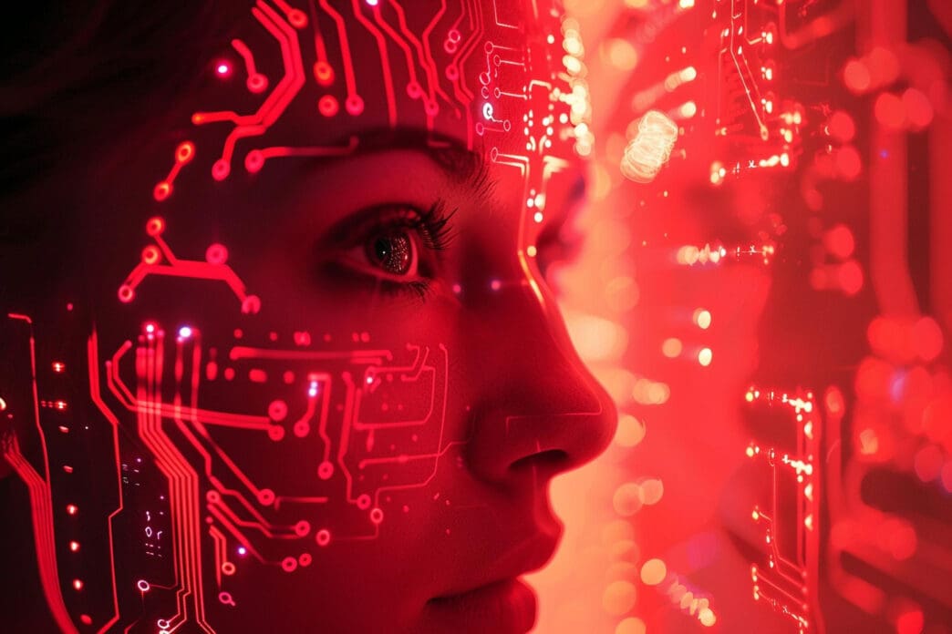 Close-up of a person's face with glowing red circuit board patterns superimposed