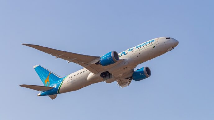 A Boeing 787-8 airplane from Air Tanzania takes off against a clear, blue sky