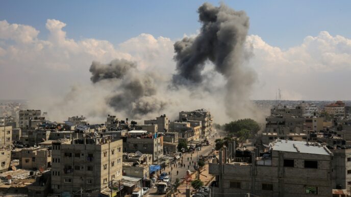 Plumes of dark smoke rise over the city of Rafah in the Gaza Strip after an Israeli airstrike