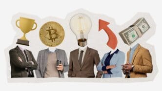 Trophy, Bitcoin, lightbulb head, red arrow, and money stack on headless figures