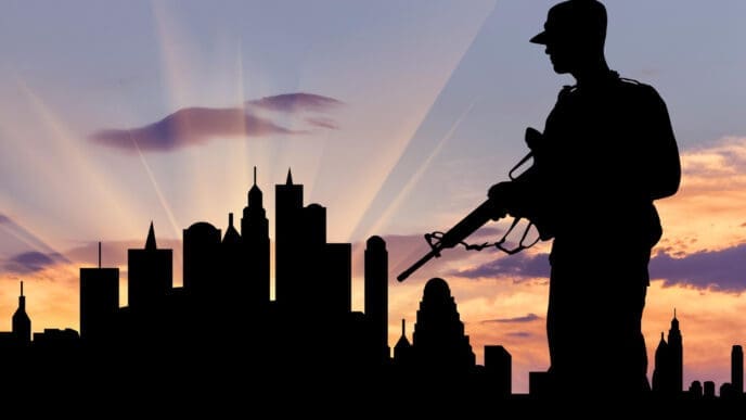 An artistic rendering of military weapon silhouettes set against a US city at dusk, evoking a sense of war and crisis.
