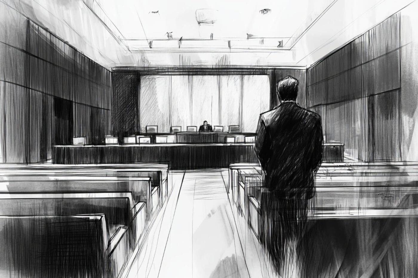 A dramatic, black-and-white sketch of a man in a suit standing with his back to the viewer in a courtroom.