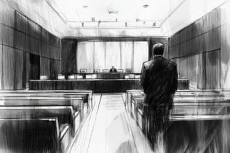A dramatic, black-and-white sketch of a man in a suit standing with his back to the viewer in a courtroom.