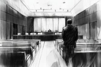A dramatic, black-and-white sketch of a man in a suit standing with his back to the viewer in a courtroom.