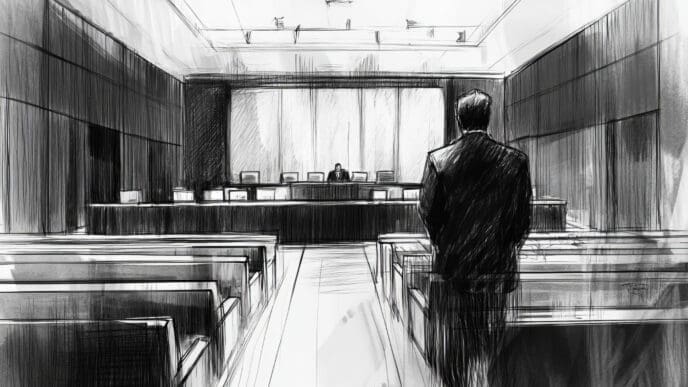 A dramatic, black-and-white sketch of a man in a suit standing with his back to the viewer in a courtroom.