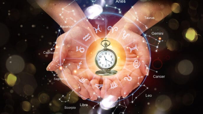 Hands hold a glowing pocket watch, encircled by the twelve symbols and constellations of the zodiac
