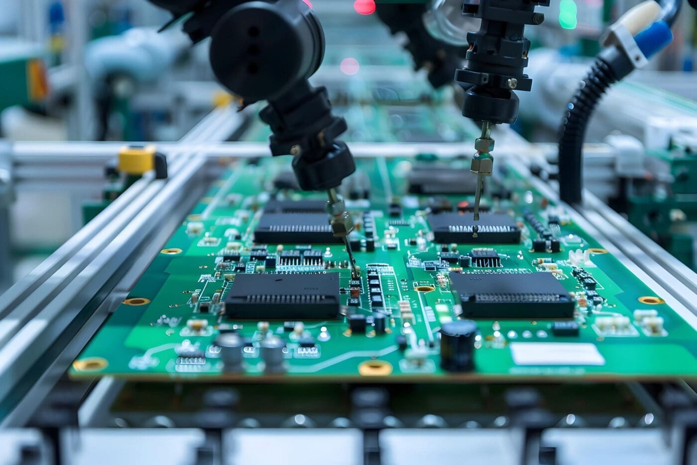 Robotic arms assembling a printed circuit board on an assembly line