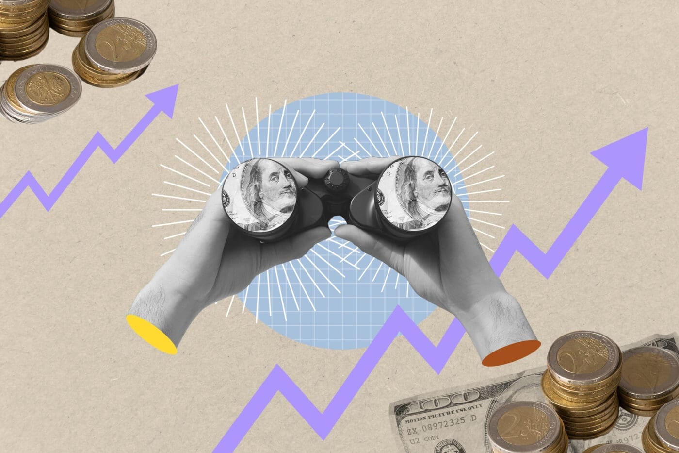 Hands holding binoculars with dollar bills inside, stacks of coins, and upward arrows