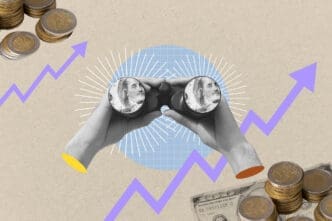 Hands holding binoculars with dollar bills inside, stacks of coins, and upward arrows