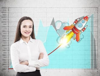 A confident woman stands before a graph with a rocket symbolizing business growth