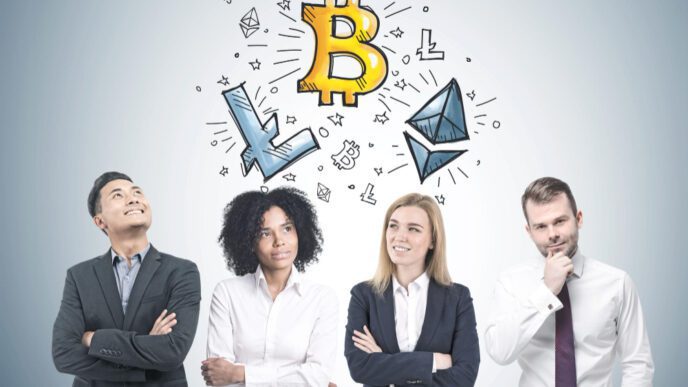 Four diverse businesspeople looking up at a drawing of a Bitcoin and other cryptocurrencies